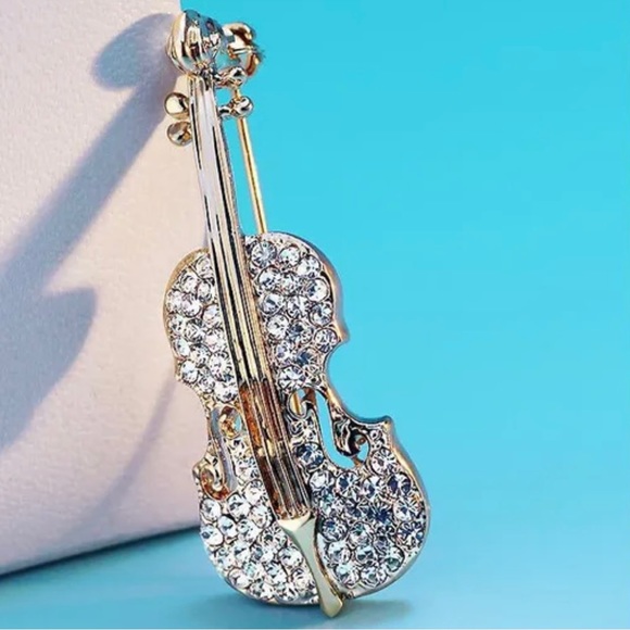 Lovely, Sparkling, Rose Gold Plated Alloy & Crystal Violin Brooch - Picture 3 of 5
